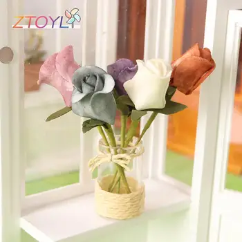 1Set 1:6 Lėlių Miniatiūrinės Rožės Gėlių kompozicijų Vazoninių Augalų Su Stiklo Butelis Modelis Sodo Dekoro Žaislas