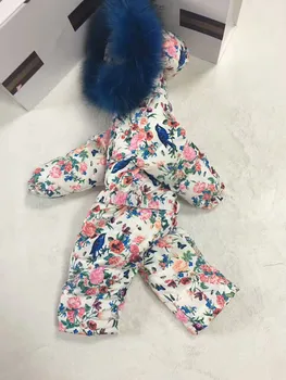 2019 Žiemos baby girl žemyn kailio Kūdikių drabužiai gėlių viršutiniai drabužiai Kailiniai su Gobtuvu vaikų Snowsuit žemyn paltai Vaikas jumpsuit romper