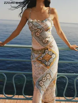 2022 BOHO Oranžinės spalvos Gėlių Spausdinti Backless Diržas Suknelė Vasaros Atostogų Moteris Reguliuoti Lankas Apykaklės Spageti Dirželis Paplūdimio Atostogų Skraiste