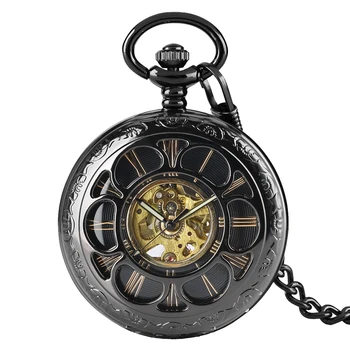 Aukso Romėnišką Tuščiaviduriai Gėlių Juoda Mechaninė Automatinė Kišenėje Žiūrėti Derliaus Pakabukas Fob Kišeninis Laikrodis Savęs Likvidavimo Laikrodis