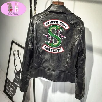 COFUN Pietų Riverdale Spausdinimo Logotipas Žalčių Pink/black Pu Odos Striukės Moterims Riverdale Žalčių Streetwear Prekės Kailis