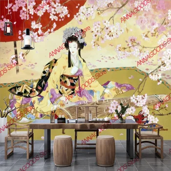 Custom 3D Japonų Ukiyo-e Geiša Sakura Sienos Popieriaus 3D Suši Restoranas Izakaya Tatamio ir Dekoro, Sienų Tapetai Papel De Parede 3d