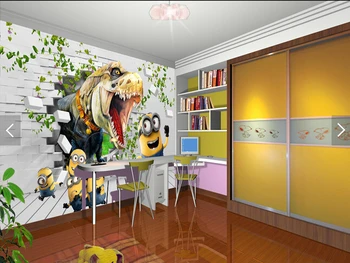 Custom animation tapetai. 3D dinozaurai chase mažai geltona vyras vaikų kambarys gyvenamasis kambarys miegamasis fone de papel parede