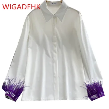 Europos Ir Amerikos Chic White Marškinėliai Moterų Dizaino Prasme Plunksnų Susiuvimo ilgomis rankovėmis Mados Prarasti Atsitiktinis Marškinėliai Viršų