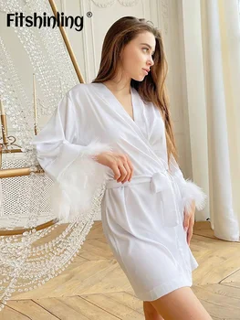 Fitshinling Plunksnų Loungewear Kieto Satino Moterų Namų Drabužių Atsitiktinis Diržas Baltas V-kaklo Vasarą Moterys Pižamą MIni Suknelė 2022