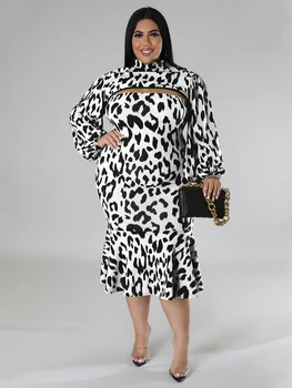 Leopard Dviejų dalių Rinkiniai Plius Dydis Moterų, Visas Rankovės Trumpos palaidinukės ir Stebėjimo Raukiniai, Ilgos Suknelės, Elegantiškas Vakare Šalies Kostiumai 4XL