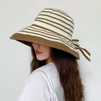 Moteris vasarą plonas Japonų stiliaus dryžuotas kaklaraištis žvejys skrybėlę Reguliuojamas didelės kraštų lauko veidrodėliai saulės bžūp paplūdimio skrybėlę kibiro kepurę
