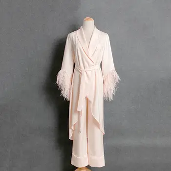 Moterų Šilko Satino Pižama Nustatyti Vestuvių Plunksnų Mantijos, Ilgai Nuotaka Elegantiška Pižama Moterų Homewear Bridesmaid Kimono Cusual Loungewear