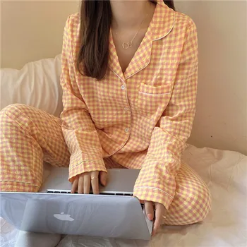 pledas pižama nustatyti pavasarį moterys ilgomis rankovėmis languotas namų drabužių pasukite žemyn apykaklės mados prarasti pj rinkiniai sleepwear femme