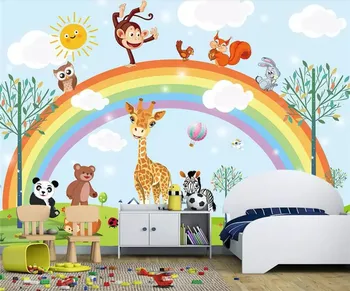 Sienų tapetai ranka pieštas animacinių filmų gyvūnų vaivorykštės vaikų kambario foną sienų, baldų dekoravimas 3d tapetai